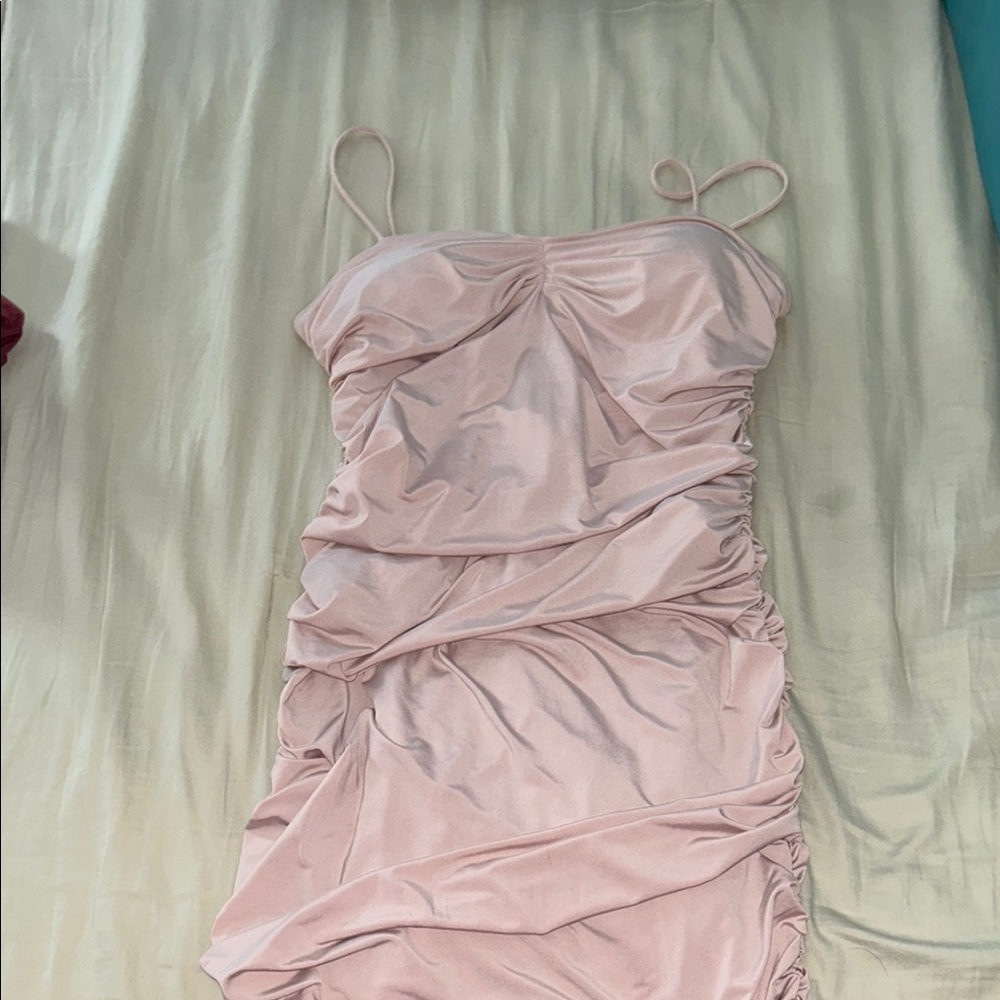 Express Pink Asymmetrical Ruched Mini Dress